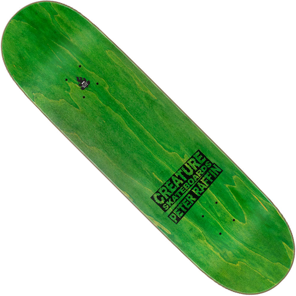 The Raffin Shred Party Deux Pro 8.53in x 32.19in Creature Skateboard Deck is a green wooden deck with "Creature Skateboards" and "Peter Raffin" printed in black near the bottom right side.