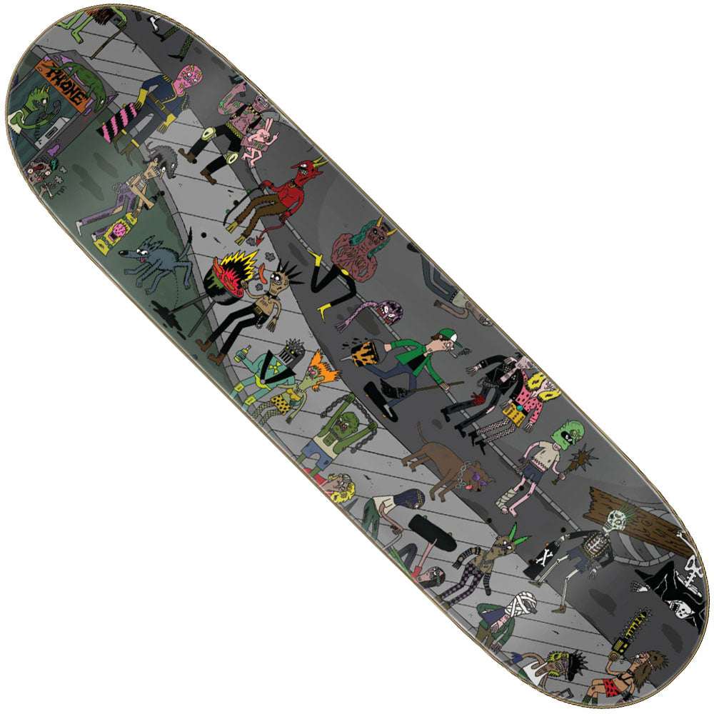 The Raffin Shred Party Deux Pro 8.53in x 32.19in Creature Skateboard Deck features cartoon-style punk and zombie characters in a vibrant, chaotic urban street scene with bright colors and humorous details.