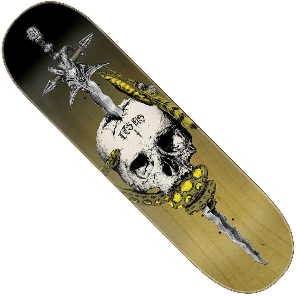 The Martinez Blade Pro 8.58in x 31.74in Creature Skateboard Deck showcases a skull pierced by an ornate sword, wrapped with a yellow-green snake, set against a tan-to-dark brown gradient background.