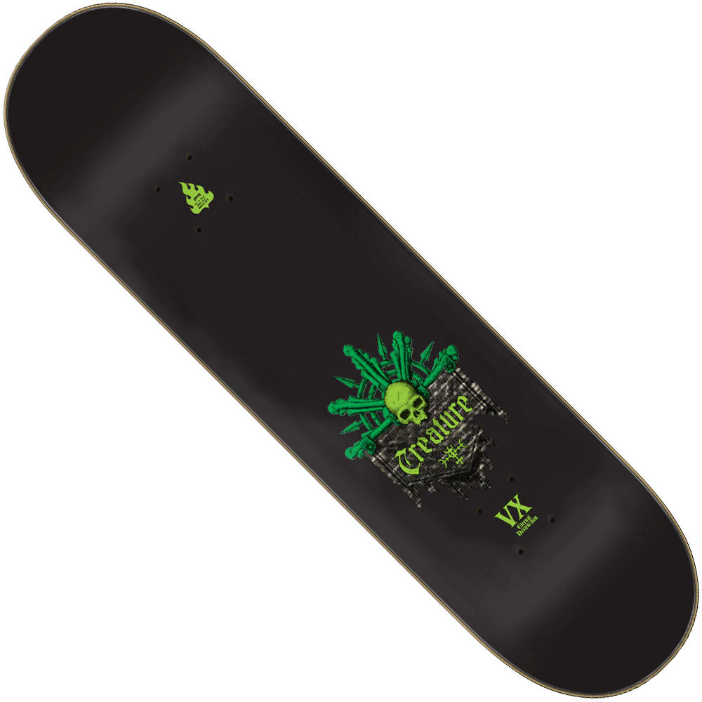 The Gravette Messenger VX Deck 8.3in x 32.2in Creature Skateboard Deck is black with green skull and hands graphics, stylized "Creature" text, and a yellow VX logo at the bottom.