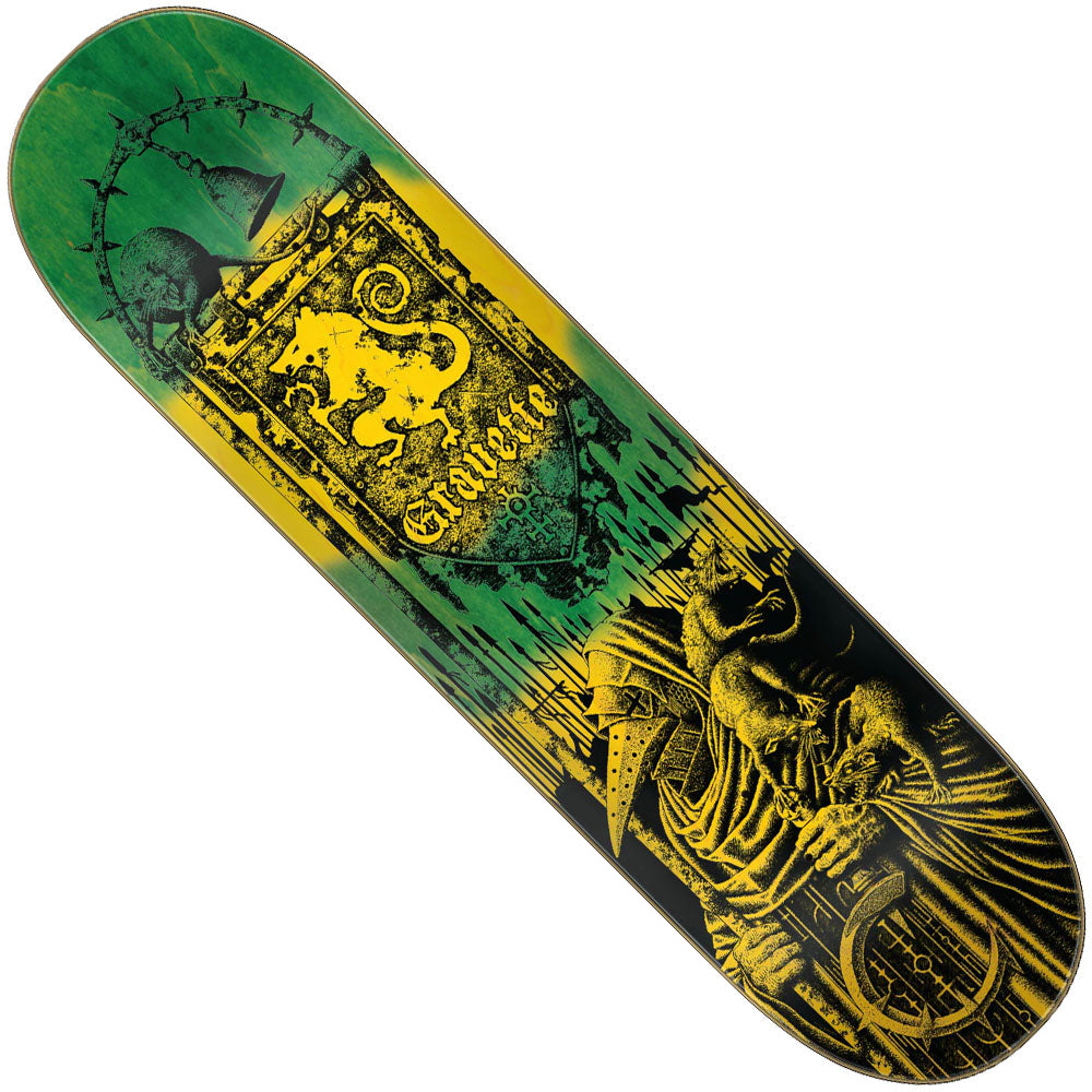 The Gravette Messenger VX Deck 8.3in x 32.2in Creature Skateboard Deck features a green and yellow design with a Gryffindor-style crest, lion emblem, and castle-inspired details reminiscent of the Harry Potter series.