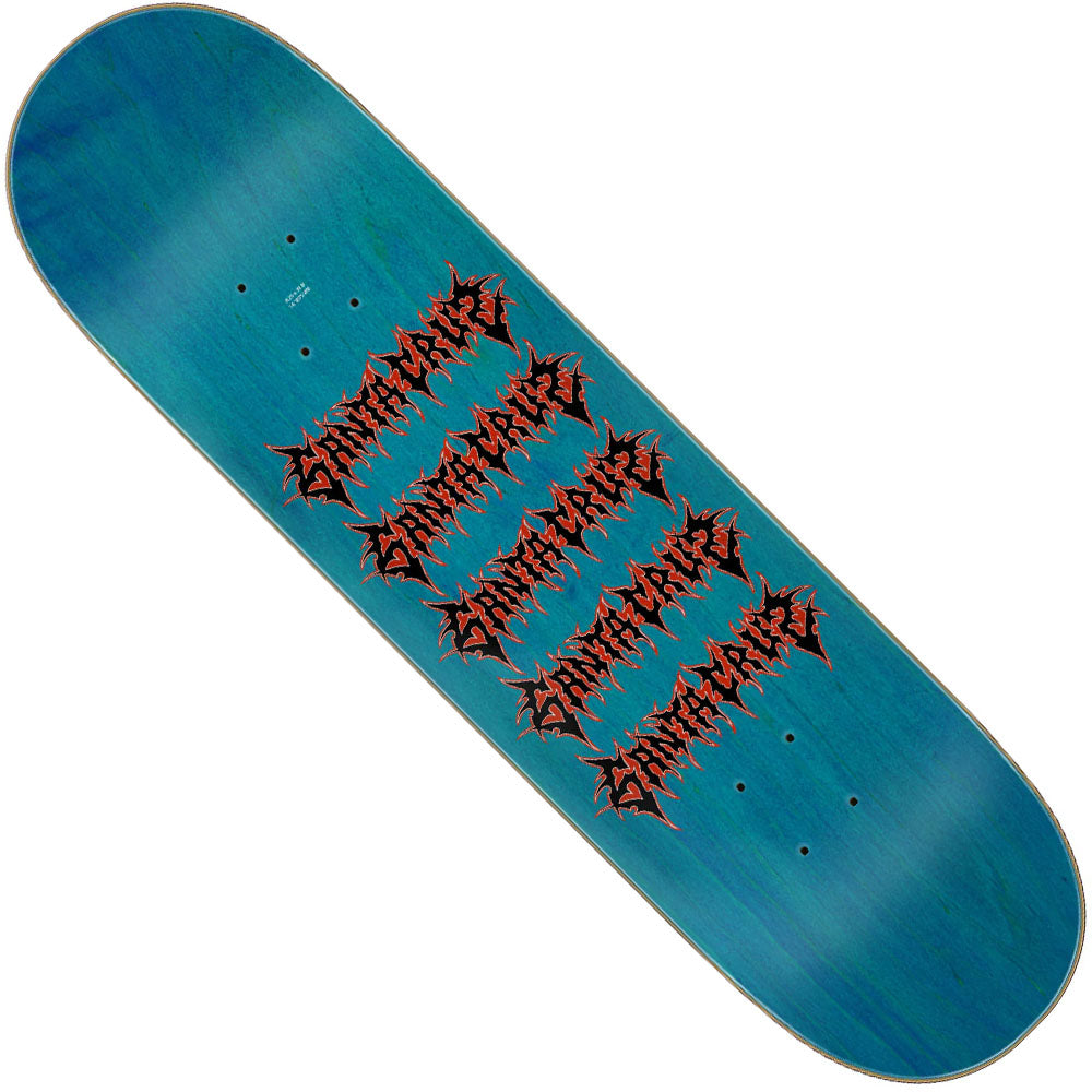 The Pace Mirror Pro 8.25in x 31.8in Santa Cruz Skateboard Deck features a blue base with black and red, jagged graffiti-style text repeated in rows down the center.
