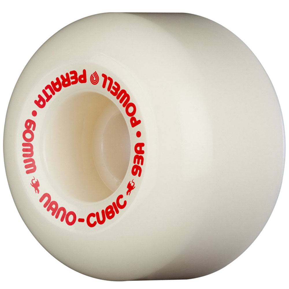 A single white Nano Cubics 60mm 93A 38mm wide Dragon Formula Powell Peralta skateboard wheel from the Andy Anderson collection, featuring red text around the center.