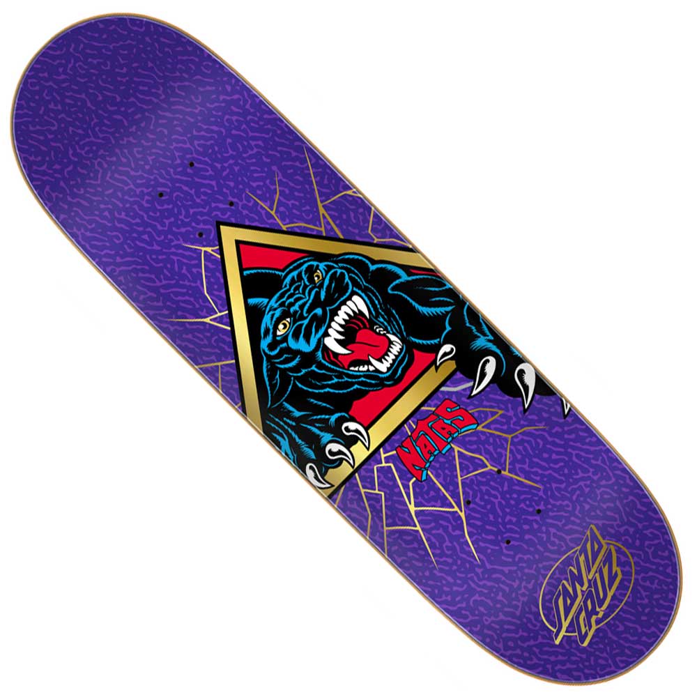 The Natas Shattered Panther VX Deck 9.00in x 32.15in from Santa Cruz Decks features a striking purple background with the iconic Shattered Panther graphic—a roaring black panther clawing through a yellow triangle, set against dynamic wavy patterns. The Santa Cruz Skateboards logo appears at the bottom right, adding the finishing touch to this bold skateboard deck design.