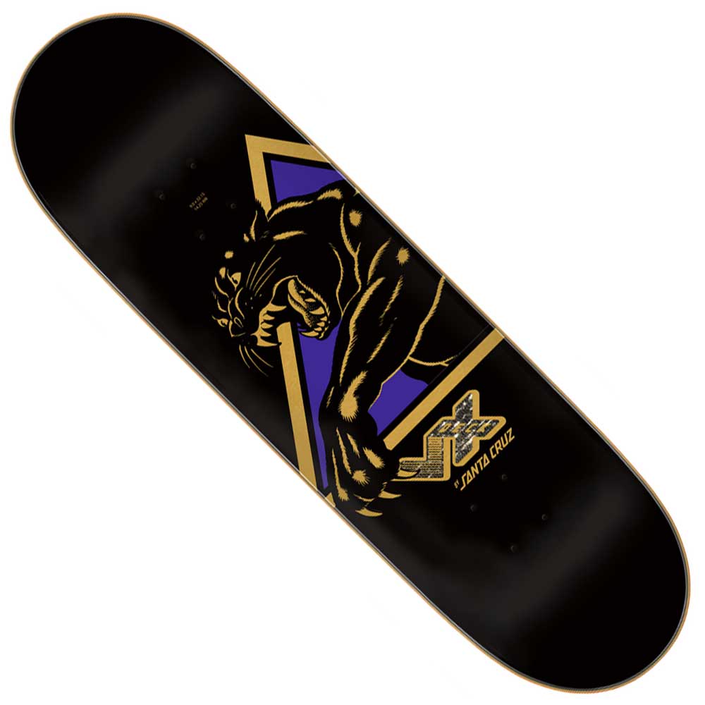 Introducing the Natas Shattered Panther VX Deck 9.00in x 32.15in from Santa Cruz Decks—a black skateboard deck adorned with striking gold and purple graphics of a roaring panther and geometric shapes, finished with the classic Santa Cruz Skateboards logo at the bottom. This deck showcases bold visuals inspired by legendary style, paying tribute to the iconic Natas Shattered Panther VX design.