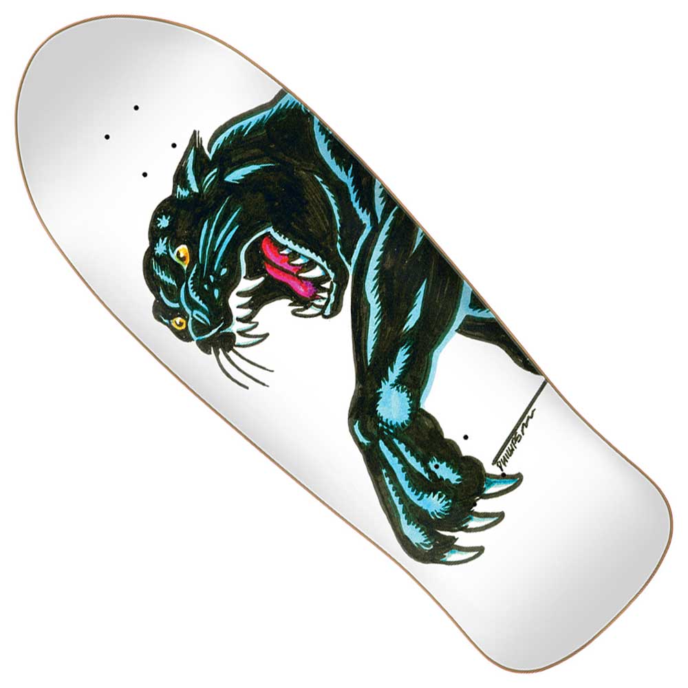 Featuring striking artwork of a fierce black panther with mouth open and claws extended on a white background, the Natas Sketch Panther Reissue 10.54in x 30.14in Santa Cruz Deck is an Old School skateboard deck inspired by the legendary Natas Panther Reissue from Santa Cruz Skateboards.