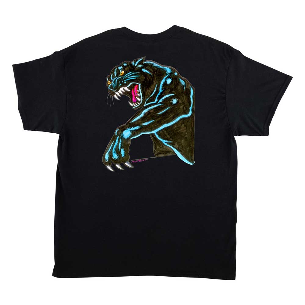 The Natas Sketch Panther S/S Heavyweight T-Shirt for men by Santa Cruz features a bold black panther graphic with blue accents on the back. A must-have for skateboarding apparel fans.
