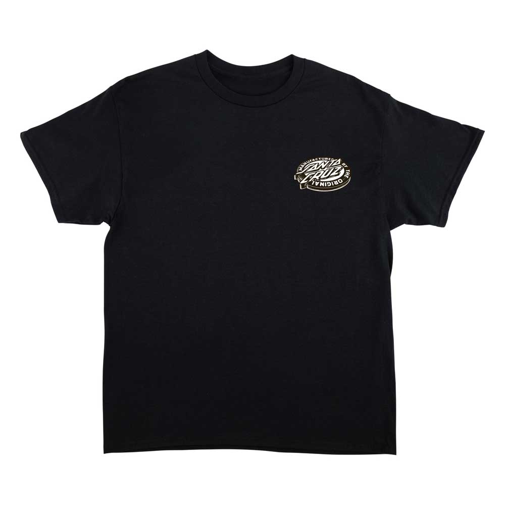 The Natas Sketch Panther S/S Heavyweight T-Shirt in black for men by Santa Cruz features a small white and beige circular graphic with text on the left chest. The shirt is displayed flat on a white background.