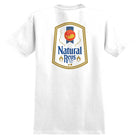 The Natty Revs White Tee from Anti Hero Skateboards features a colorful vintage label-inspired back graphic with a red disc, gold border, and bold "Natural Reus Puckett" text in blue and gold, nodding to Natty Revs style.