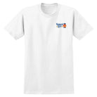 The Natty Revs White Tee Anti Hero Skateboards features a small left-chest logo with blue text and an orange tennis ball graphic, adding a sporty touch to this classic white shirt.
