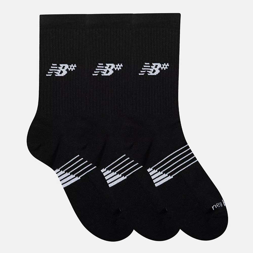 Three pairs of New Balance Numeric 3 Pack Socks Black AC0048UBK, crew style with white logos near the top and white toe stripes, each featuring a cushioned footbed, are displayed overlapping on a plain light background.