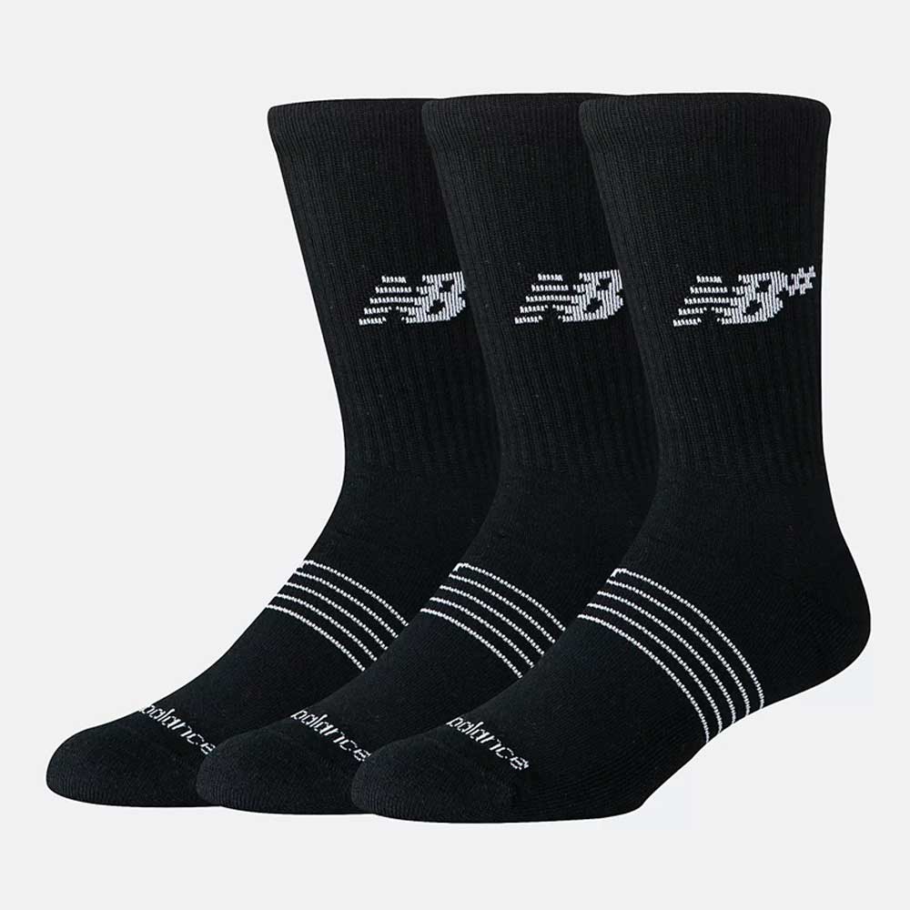 Three pairs of New Balance Numeric 3 Pack Socks Black (AC0048UBK) with white stripes near the toes, a white NB logo on the side, and cushioned footbeds are arranged upright on a plain light background.