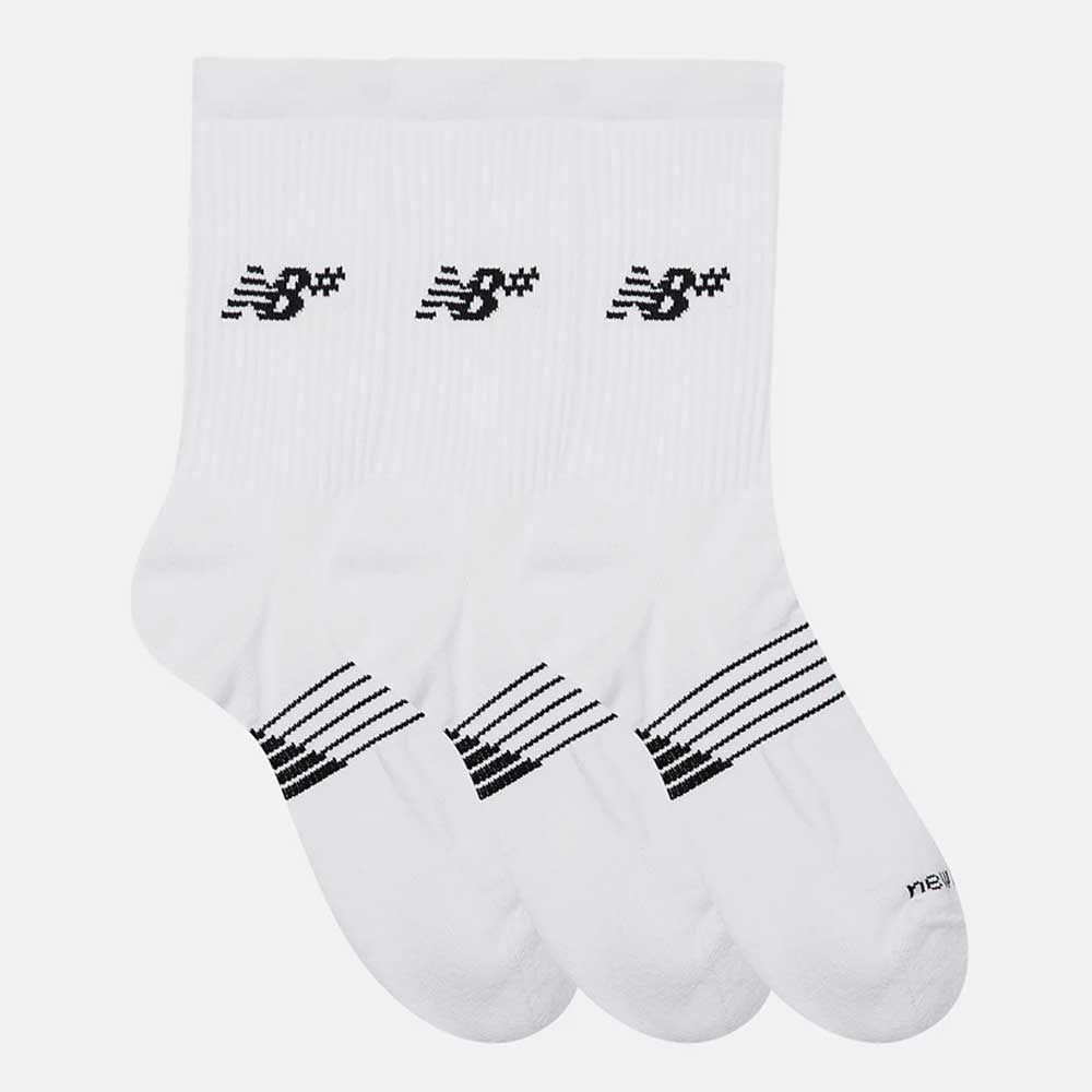 Three pairs of New Balance Numeric 3 Pack Socks White AC0048UWT, each with black logos and three black toe stripes, feature cushioned foot beds for comfort and are laid out overlapping on a white background.