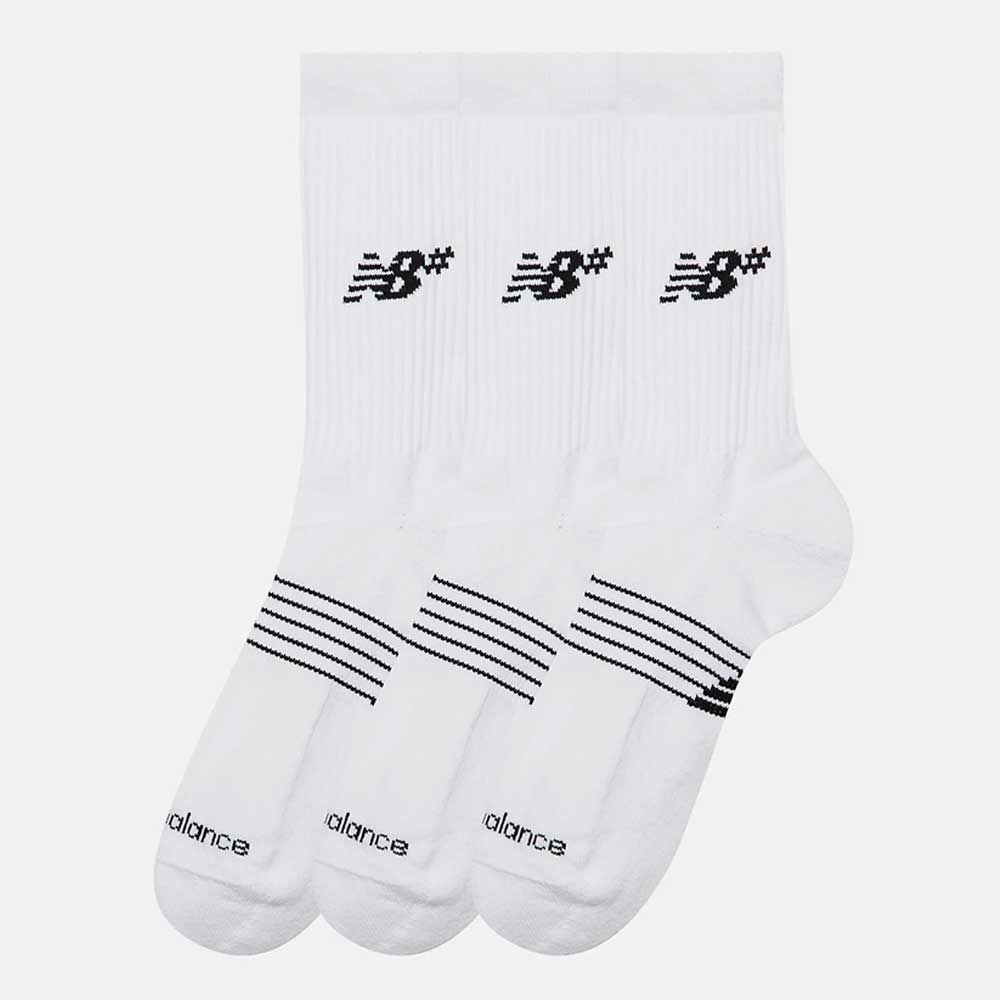 Three pairs of New Balance Numeric 3 Pack Socks White (AC0048UWT) with black logos and midfoot stripes, plus cushioned foot beds for comfort, are shown overlapping each other on a plain background.