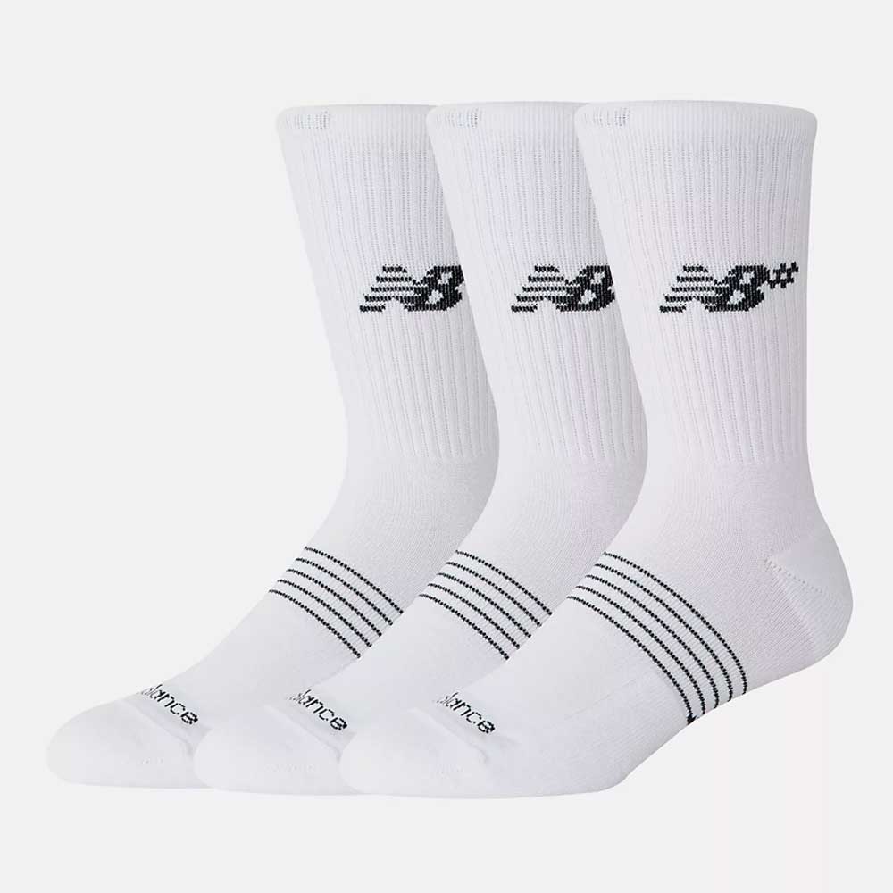 The New Balance Numeric 3 Pack Socks White AC0048UWT features three pairs of white crew socks with black logos and two thin black stripes near the toes, plus a cushioned foot bed for comfort, shown on a plain white background.