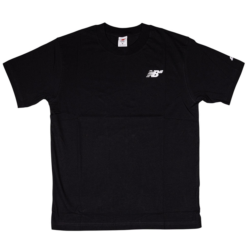 The New Balance Numeric Small Logo Black Tee MT53706BK is a black cotton crewneck with a small white NB logo on the left chest and another on the sleeve, shown flat against a white background—ideal for a relaxed, casual fit.