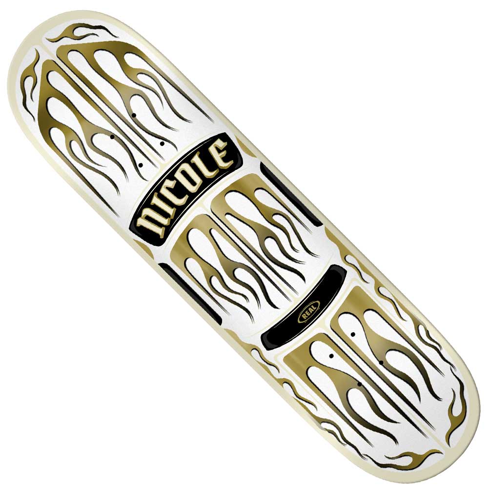The Nicole Embers 8.5 Real Skateboards Deck is a white deck with gold and black flame graphics and "NICOLE" in bold black and gold lettering.