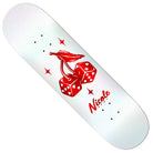 The Nicole Highroller 8x30.7 Twin Nose Real Skateboard Deck is white, featuring a bold red cursive logo, a graphic of two red dice with cherry stems and leaves, and four red stars.