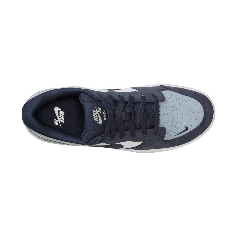 Top view of the Light Armory Blue Thunder Photon Dust DV5477-404 Force 58 Nike SB suede skateboarding shoe with white logos, dark laces, and a perforated toe; inspired by heritage basketball design with a durable cupsole.