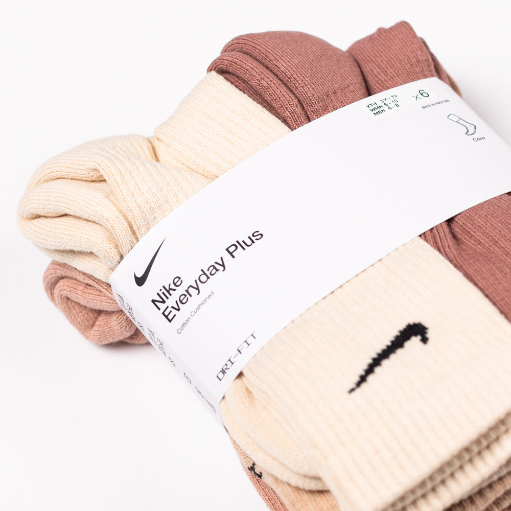 A 6-pack of Nike SB Multi Color Crew Socks (S6897904) featuring cushioned comfort, Dri-FIT technology, and multiple colors—ideal for training. Wrapped in a white label with the Nike logo and product details.