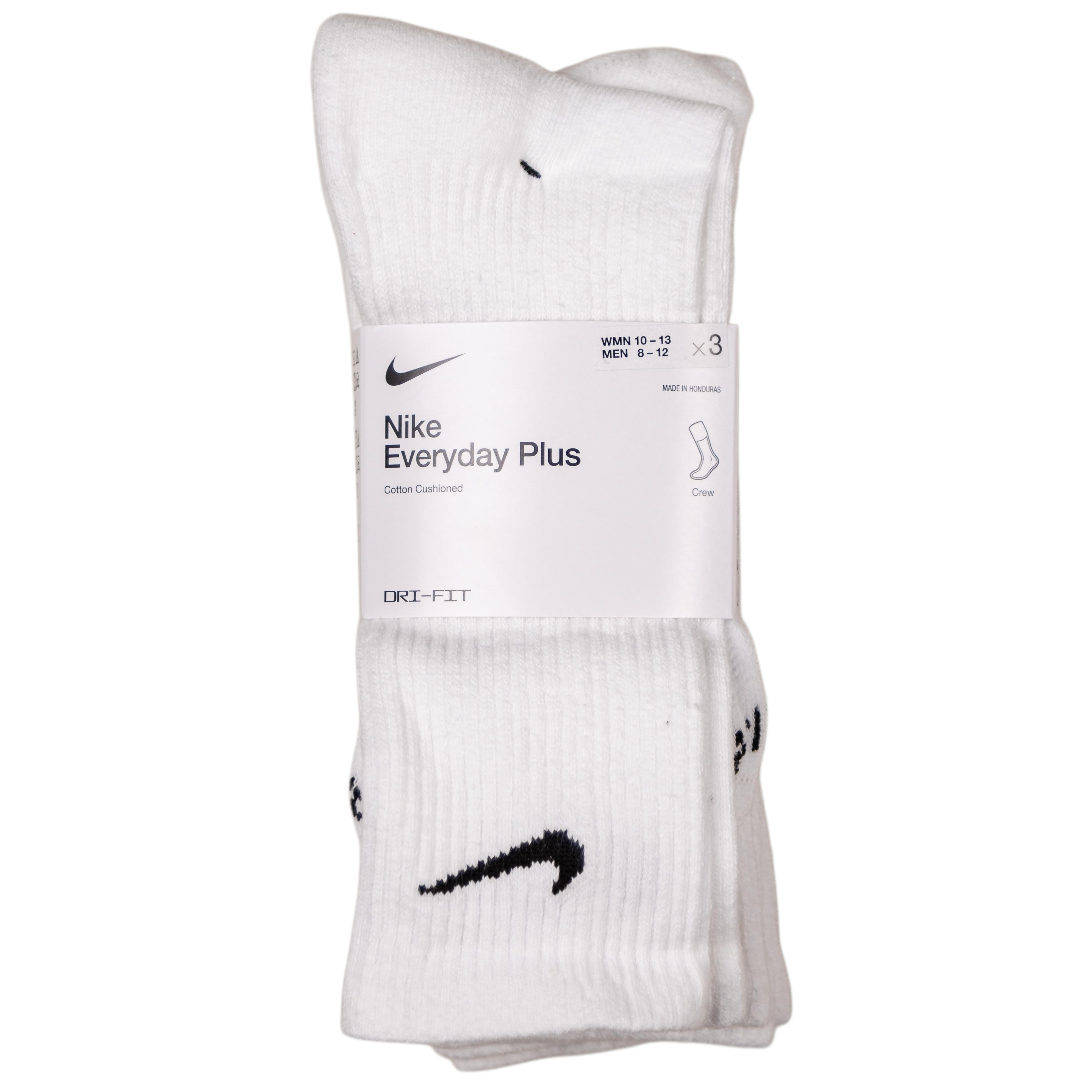 A 3-pack of White Nike SB Crew Socks with black swoosh logos, featuring Dri-FIT moisture control, wrapped in a white label displaying product and size details.