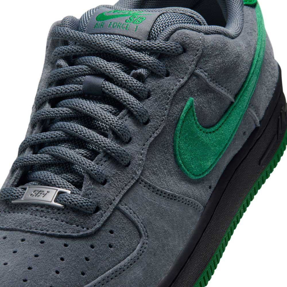 AF1 Cool Grey Court Green Black IV5289003 Nike SB Suede Skateboarding Shoes in grey suede with a green swoosh, green heel tab, and black midsole.