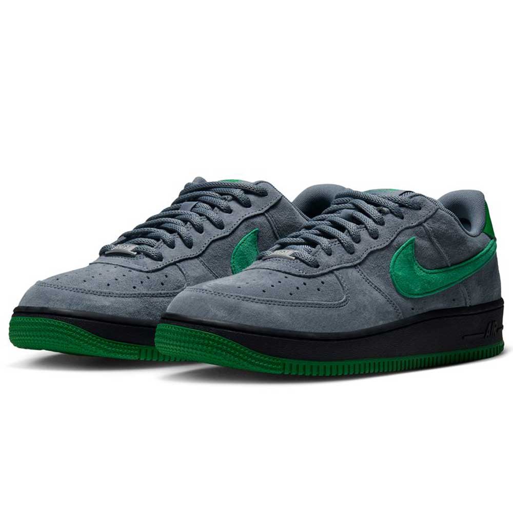 AF1 Cool Grey Court Green Black IV5289003 Nike SB Suede Skateboarding Shoes in grey suede with green side swooshes, black midsoles, and green rubber outsoles.