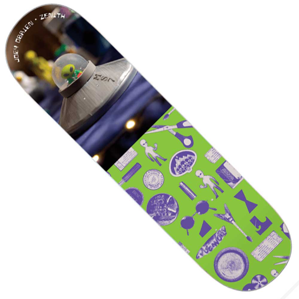 The O Brien Zenith 8.37 Alien Workshop Skateboard Deck showcases a UFO and alien figure on the top left, with a vibrant green section featuring purple patterns, shapes, and alien-themed graphics on the lower part. Its 8.37-inch design offers both eye-catching style and performance for riders seeking to make a statement.