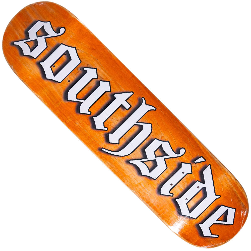 The OE STANDARD Shape Old English Southside Skatepark Deck in orange features durable 7-ply maple construction and showcases the word “southside” in bold black and white Old English gothic-style letters across the bottom, celebrating Houston skateboarding culture.