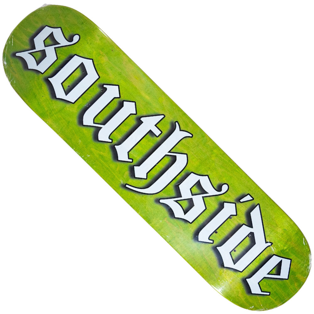 Introducing the OE STANDARD Shape Old English Southside Skatepark Deck in various stained veneers—a 7-ply maple skateboard deck featuring bold, white Old English–style “Southside” lettering across the top, designed as a tribute to Houston skateboarding culture.