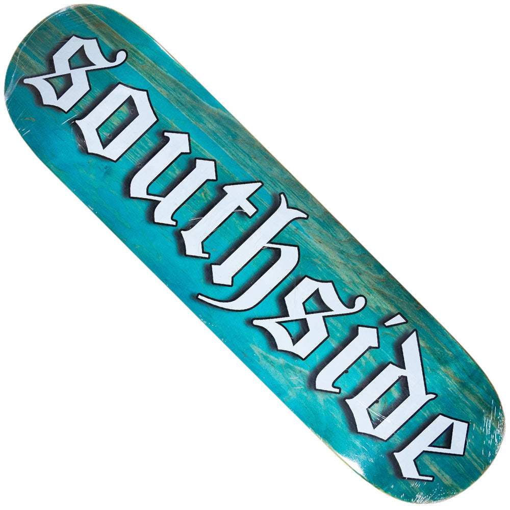 Introducing the OE STANDARD Shape Old English Southside Skatepark Deck in a variety of stained veneers, this skateboard deck showcases the word “Southside” in bold, white Old English-style lettering across the top. Crafted from durable 7-ply maple, it’s ideal for Houston skateboarding enthusiasts eager to ride in style on the iconic Old English Southside Deck.