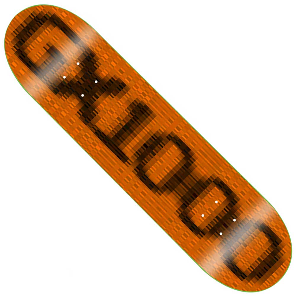 The OG Logo Blur Orange 8.625x32.125 GX1000 Deck Skateboard is an orange deck made in Mexico, featuring a bold, pixelated black pattern that spells out GUCCI across the bottom in its OG Logo Blur Orange edition style.