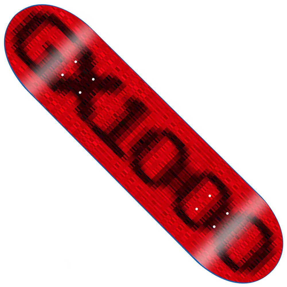 The OG Logo Blur Red 8.75x32.625 GX1000 Deck Skateboard features a red deck with a pixelated black pattern that spells out “GOOD” across the board.