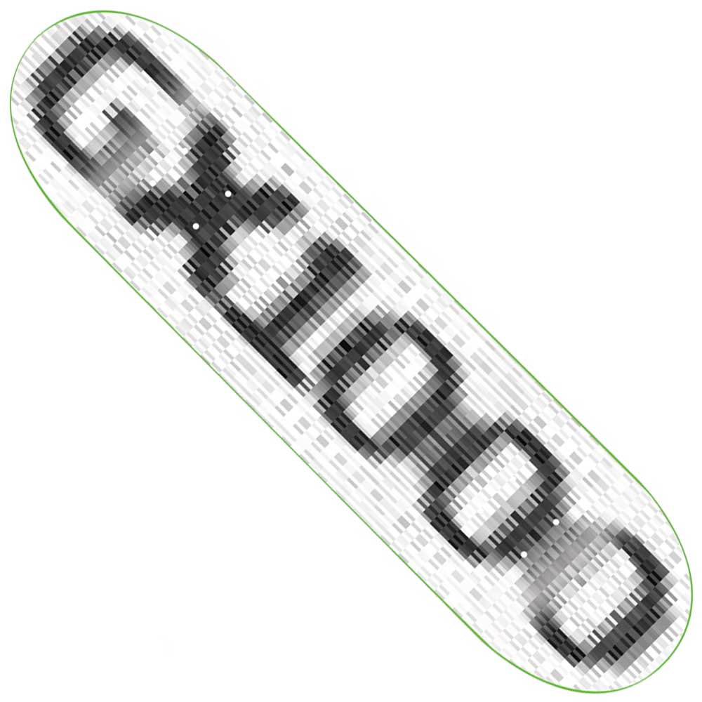 The OG Logo Blur White 8.25x32.125 GX1000 Deck Skateboard is made from 100% wood and showcases a pixelated black and white design spelling out GOOD across the surface, outlined with a thin green border. This 8.25-inch skateboard deck combines classic construction with bold, eye-catching visuals that appeal to riders who value both quality and style.