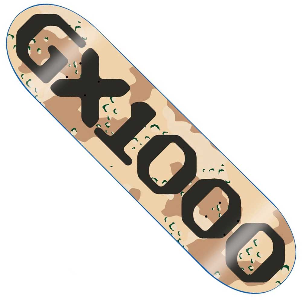 The OG Logo Camo Black 8.25x32.12 GX1000 Deck Skateboard features a tan and brown camo pattern with bold GX1000 lettering, crafted from 100% wood for durability.
