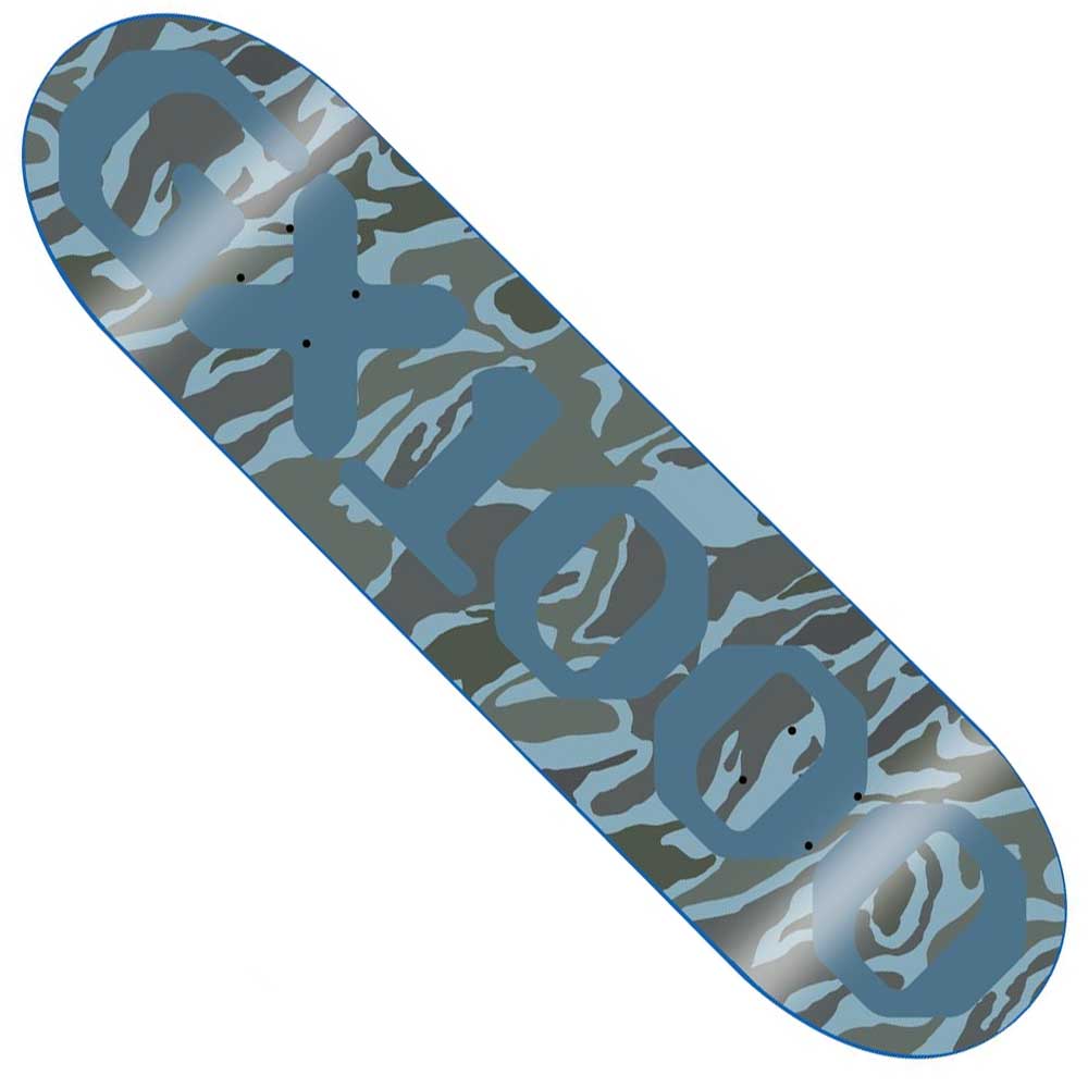 The OG Logo Camo Blue 8x31.6 GX1000 Deck Skateboard is made from 100% wood and features bold GX1000 lettering over a blue and gray camouflage design.