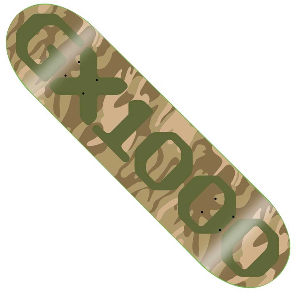 The OG Logo Camo Green 8.6x32.12 GX1000 Deck Skateboard is made from 100% wood and showcases a bold camouflage design with prominent green GX1000 lettering on top.