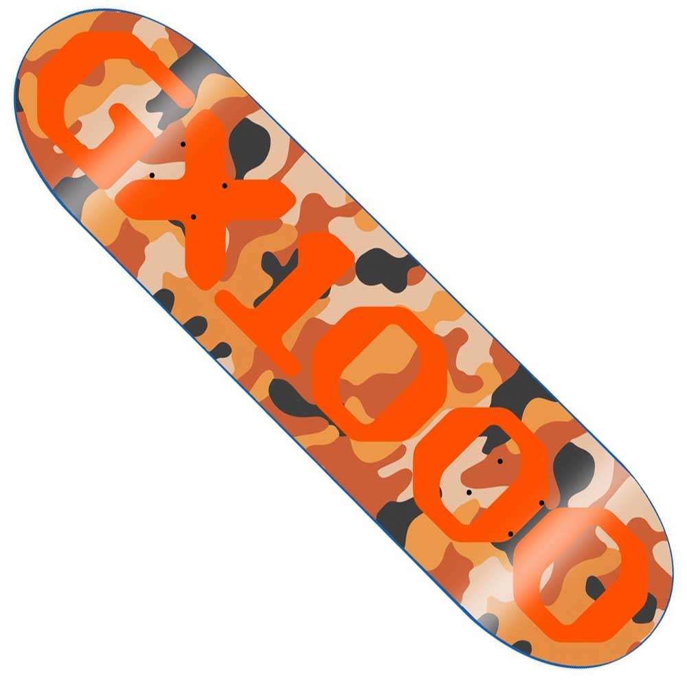 The OG Logo Camo Orange 8.75x32.62 GX1000 Deck Skateboard features bold graffiti-style branding on a 100% wood deck with an orange and brown camouflage pattern.