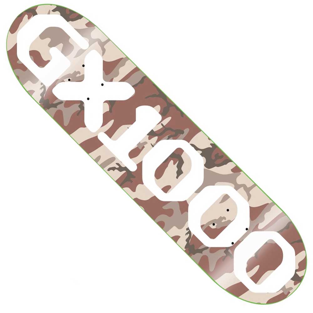 The OG Logo Camo White 8.37x32.25 GX1000 Deck Skateboard features a 100% wood deck with a brown, tan, and beige camo pattern and bold white “Gx1000” logo across the board.