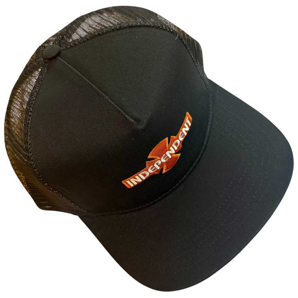 The OGBC Legacy Black Orange Snapback Hat from Independent Skateboards features an unstructured black mesh design, orange cross logo, and “INDEPENDENT” embroidered in white and red, offering classic skate style in durable cotton twill.