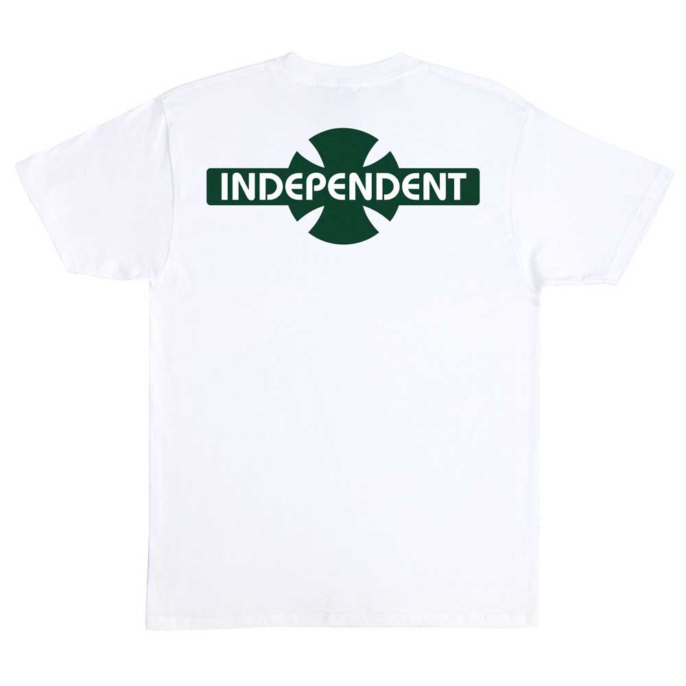 The OGBC Legacy S/S Heavyweight T-Shirt in white and green features iconic Independent branding—classic skateboarding apparel for fans of the Independent Trucks style.