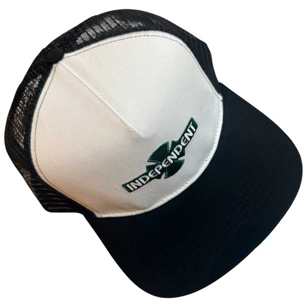 The OGBC Legacy White Dark Green Hat is an unstructured snapback with a mesh back, featuring "INDEPENDENT" in green and a green cross logo on the front, made from cotton twill by Independent Skateboards.