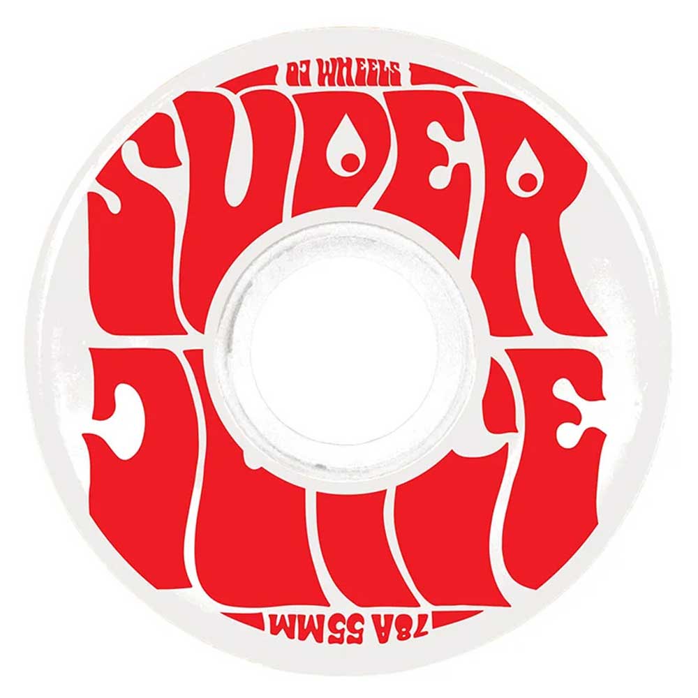 OJ Wheels Mini Super Juice 55mm 78A White skateboard wheels feature bold, red, psychedelic-style text reading “Mini Super Juice,” along with smaller red accents including “OJ Wheels” and “78A 55MM”—making them the perfect choice for smooth cruising.