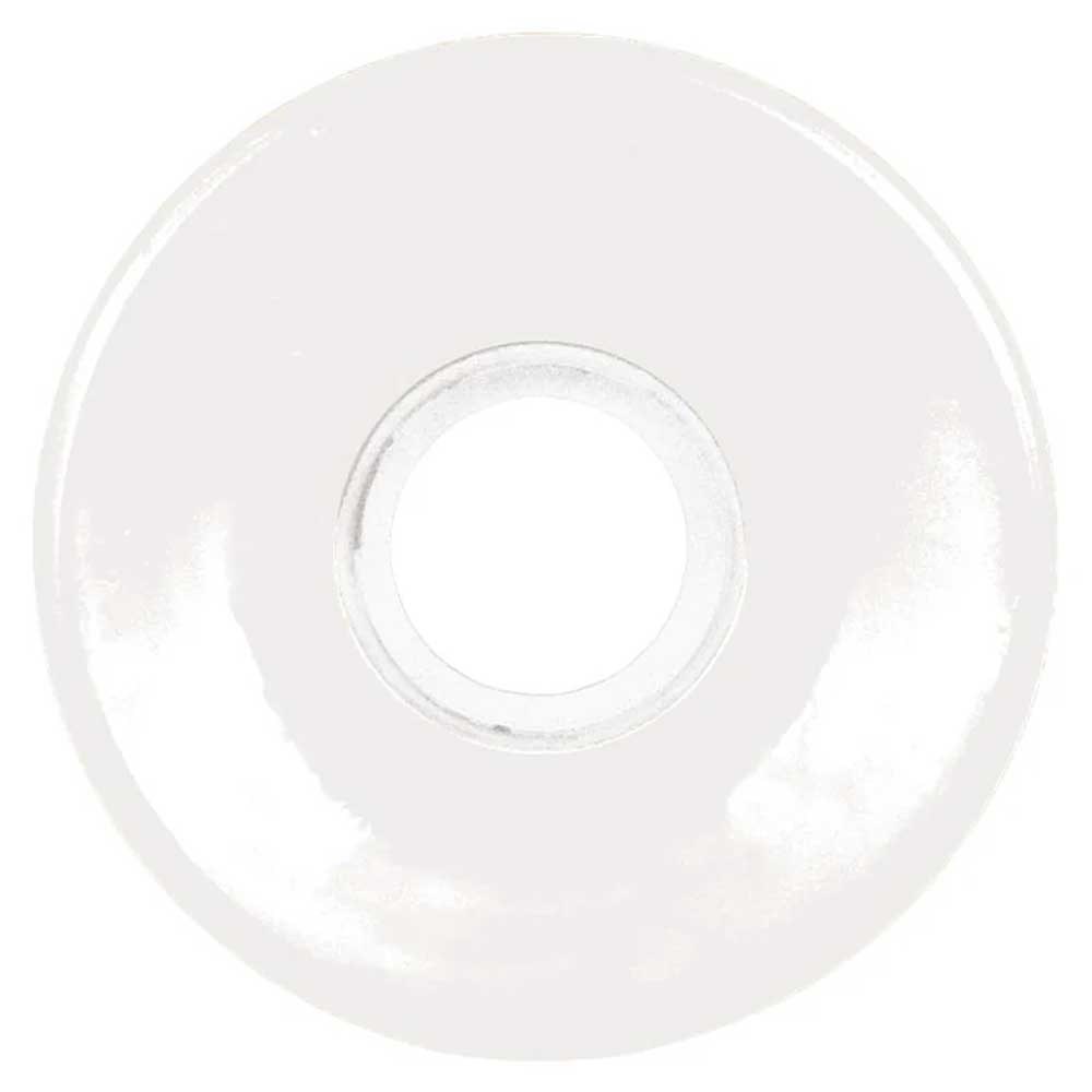A white, circular object with a glossy finish and a prominent central hole, viewed from above—reflecting the classic design of the OJ Wheels Mini Super Juice 55mm78A White skateboard wheel.