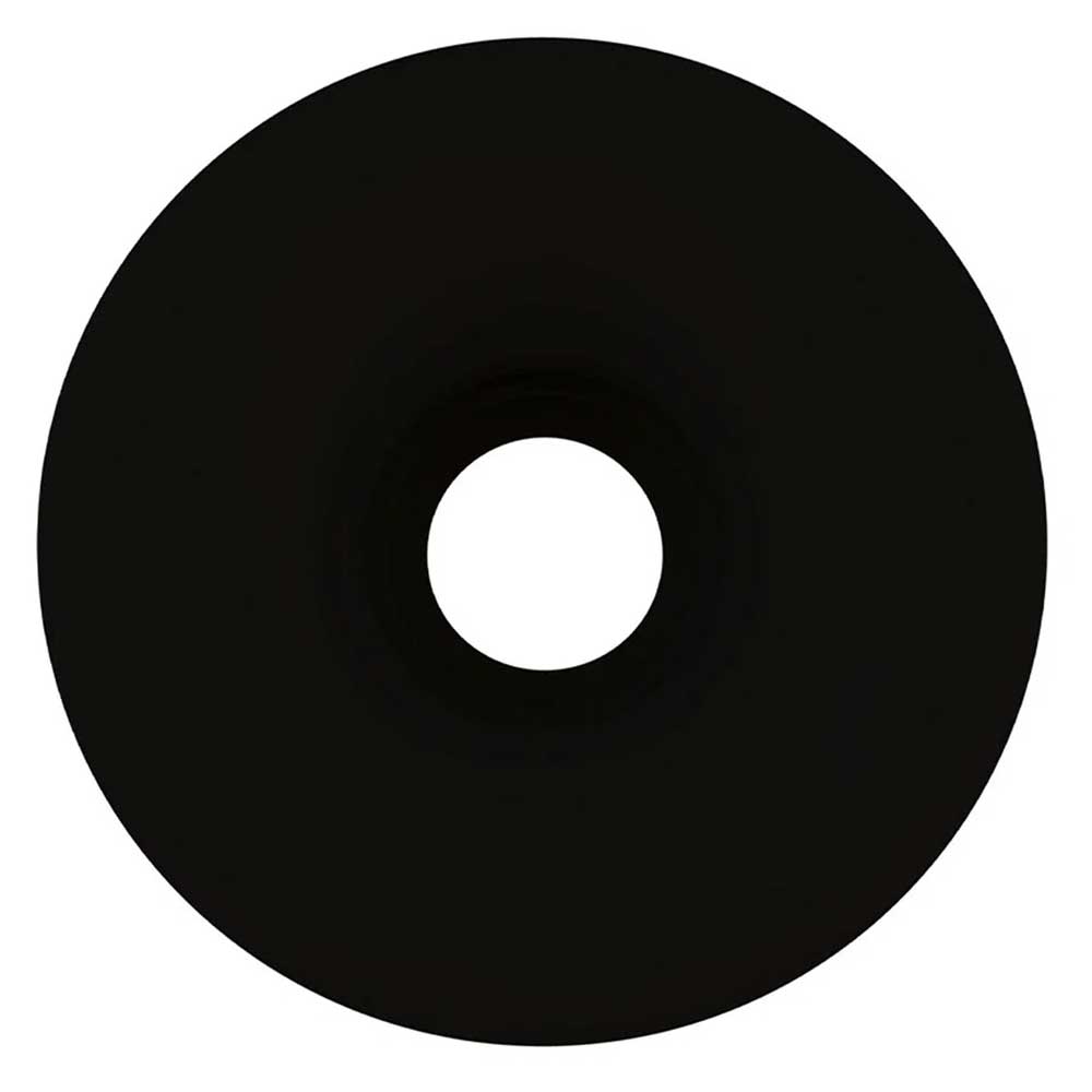 A solid black circle with a smaller circular hole in the center, resembling a blank CD or vinyl record—much like the iconic silhouette of skateboard wheels such as the OJ Wheels Super Juice 60mm78A Black.