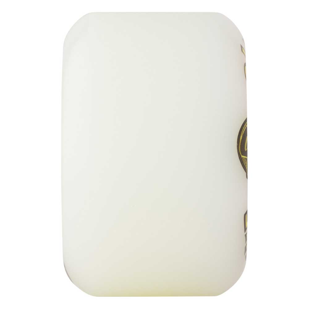 A white, rectangular OJ Wheels Team Line Original Hardline Purple/Yellow 53mm99A skateboard wheel is shown from the side, highlighting its smooth 53mm surface and a small part of the logo on the right edge.