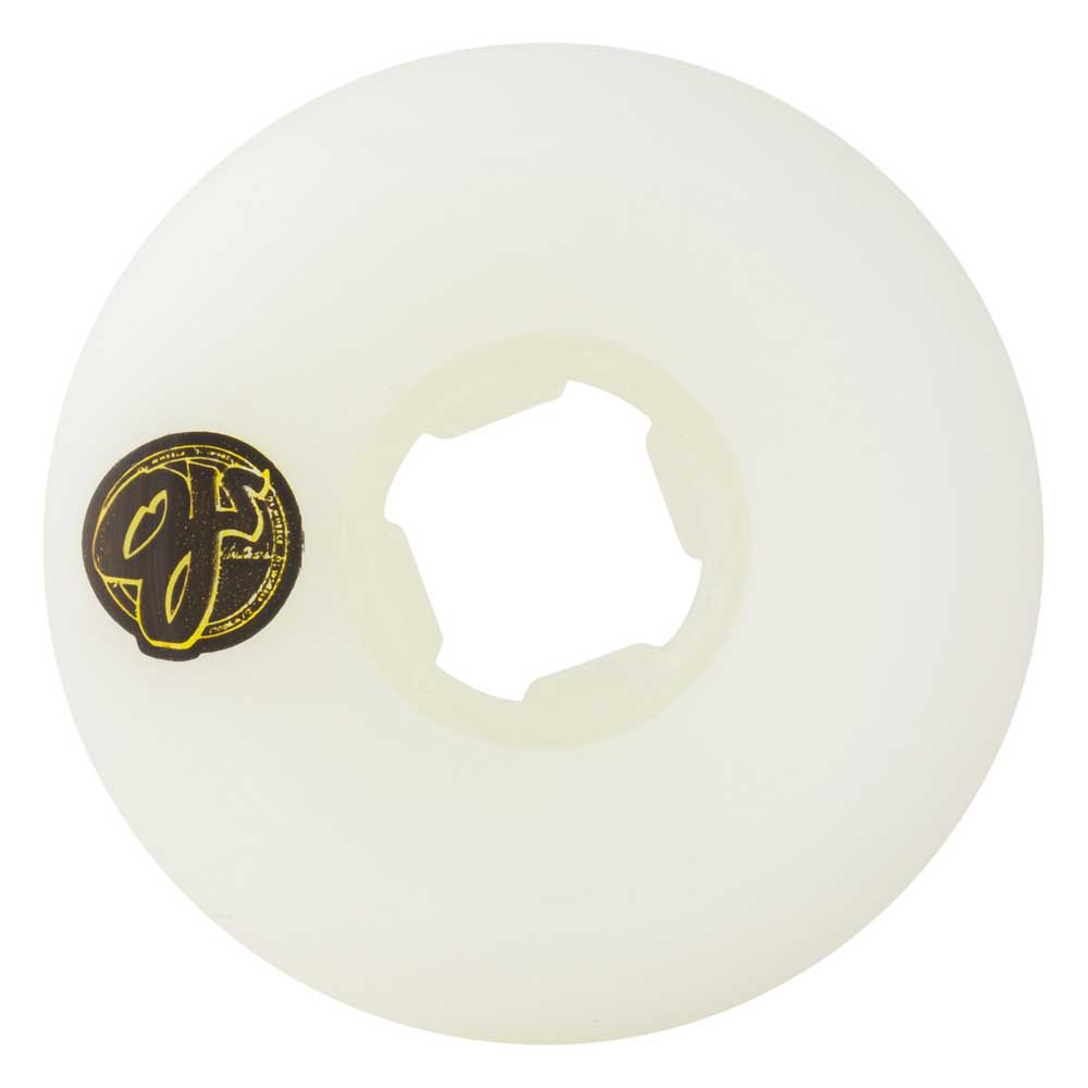 A 53mm OJ Wheels Team Line Original Hardline Purple/Yellow 99A skateboard wheel, featuring a small black and yellow graphic logo near the edge, viewed from above against a plain background.
