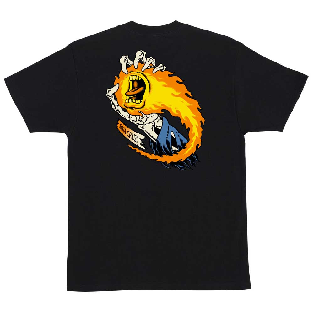 The O'Brien Screaming Reaper Heavyweight T-Shirt by Santa Cruz features a bold graphic of a caped arm with a screaming mouth amid flames, plus "Santa Cruz" on a brown patch—a striking regular fit black tee for skateboarders.