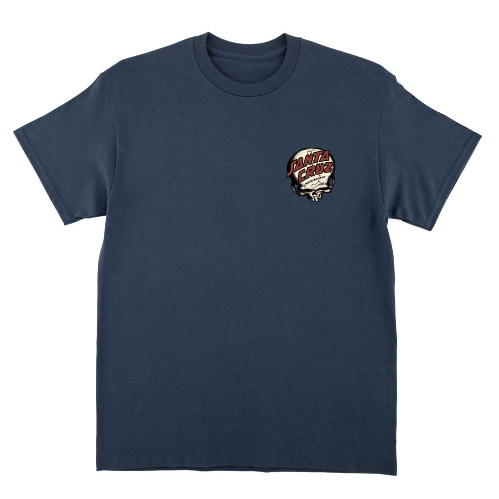The O'Brien Screaming Reaper Heavyweight T-Shirt in Blue Dusk is a men's regular fit Santa Cruz tee with a small circular red, white, and black chest graphic—ideal for fans of classic skateboard apparel.