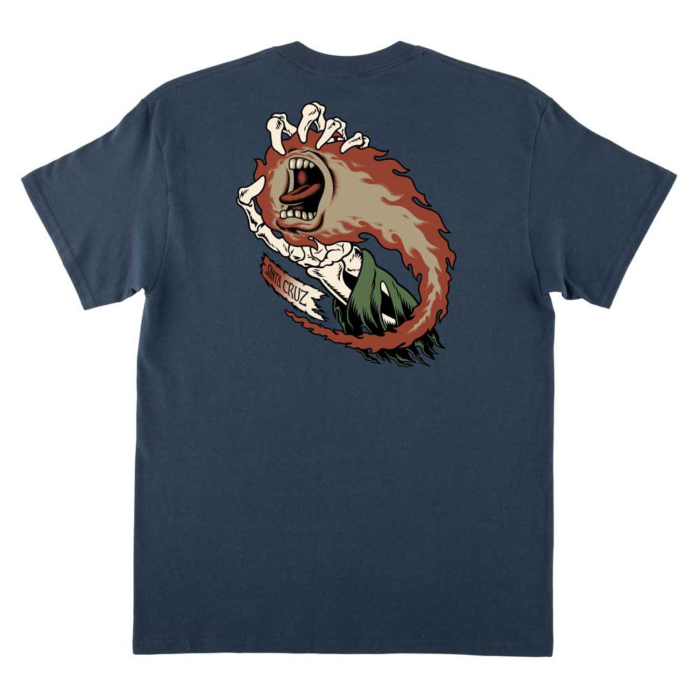 The O'Brien Screaming Reaper Heavyweight T-Shirt in Blue Dusk is a men's regular fit Santa Cruz tee with a bold back graphic: a screaming mouth, bones, flames, and a green arm, plus "Santa Cruz" printed below—a standout skateboard apparel piece.